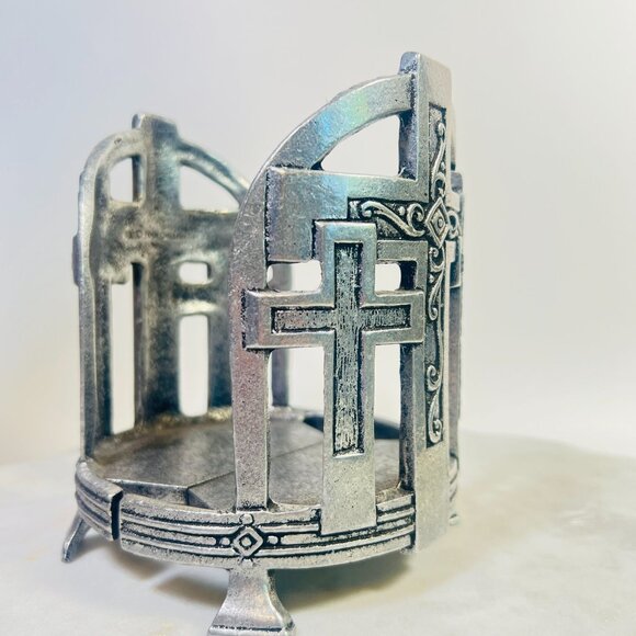Vtg Pewter 3 Cross Candle Holder Easter Carson Indiana Candle up to 4" Diameter - Picture 2 of 5